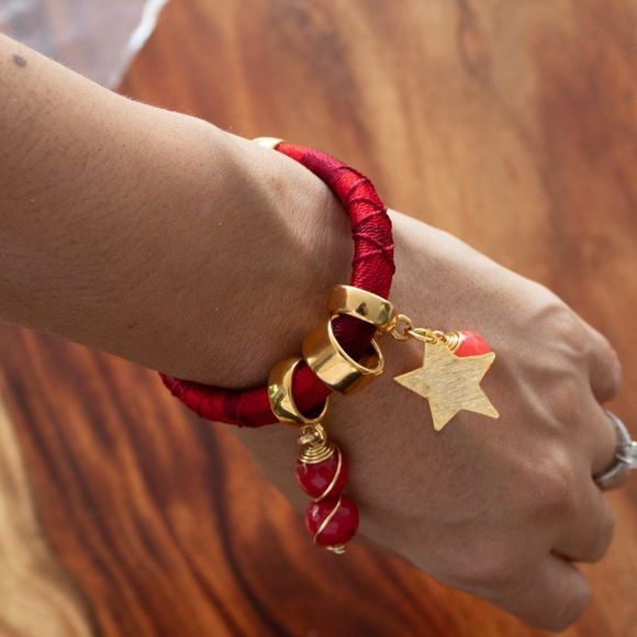 Handmade colorful bracelet gold plated adjustable new red - Picture 4 of 5